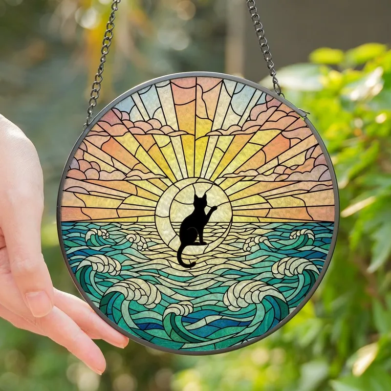 Cat Lovers' Stained Glass Black Cat Crescent Moon Ocean Aqua Emerald Gold Sky Sunrise Mosaic Stained Glass Suncatcher - clJhijWBQj