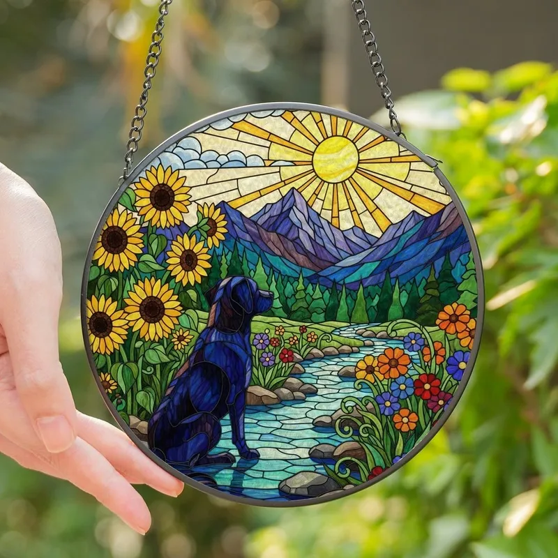 Dog Lovers' Tiffany Stained Glass Black Dog Sunflowers Mountain River Mosaic Design Stained Glass Suncatcher - 1