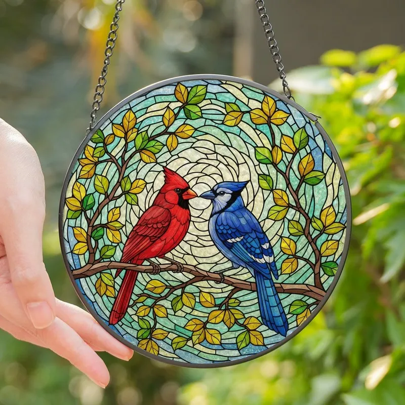Nature Lovers' Tiffany Stained Glass Cardinal Blue Jay Ruby Sapphire Emerald Jewel Tone Art Stained Glass Suncatcher - 1