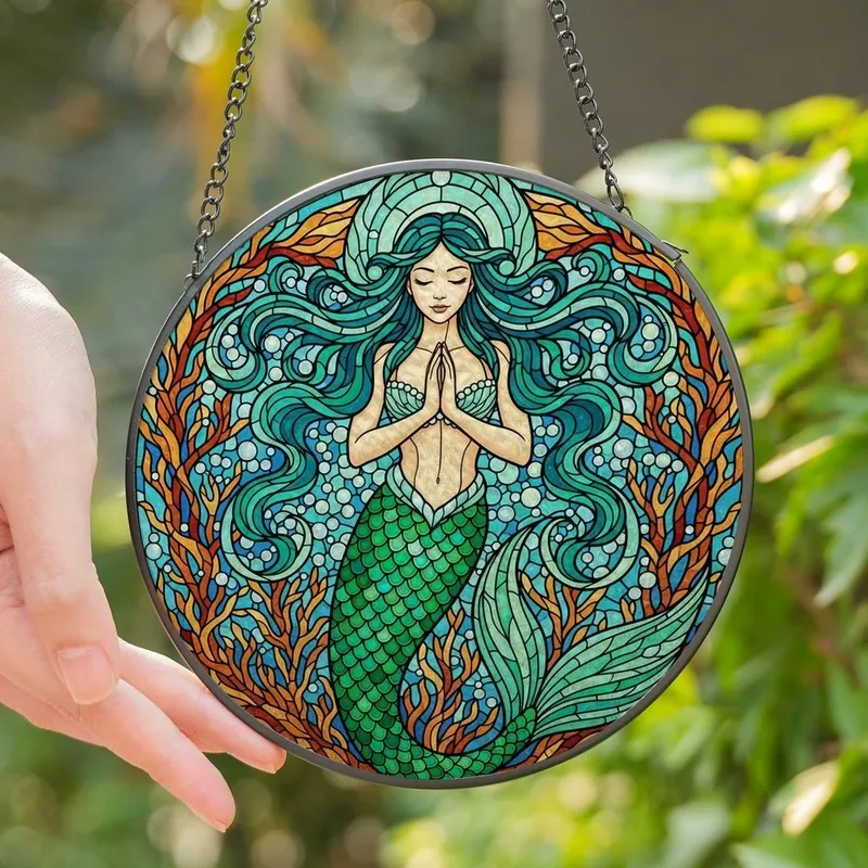 Fantasy Art Lovers' Detailed Stained Glass Mermaid Mosaic Ocean Coral Teal Blue Green Jewel Tones Stained Glass Suncatcher - lnOUsWuyIh
