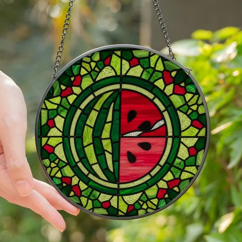 Vibrant Art Lovers' Glowing Stained Glass Watermelon Mosaic Jewel Tones Stained Glass Suncatcher - 1