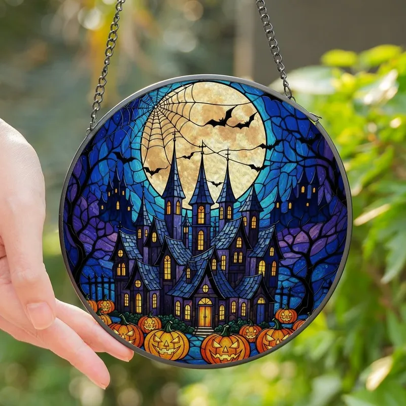 Halloween Enthusiasts' Gothic Jewel Tone Stained Glass Haunted Village Full Moon Mosaic Stained Glass Suncatcher - 1