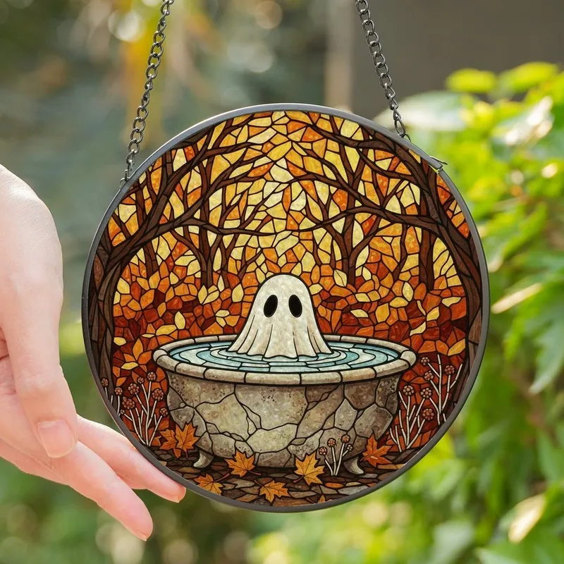 Autumn Art Lovers' Whimsical Tiffany Stained Glass Ghost Bathing Fall Forest Mosaic Orange Amber Hues Stained Glass Suncatcher - 1