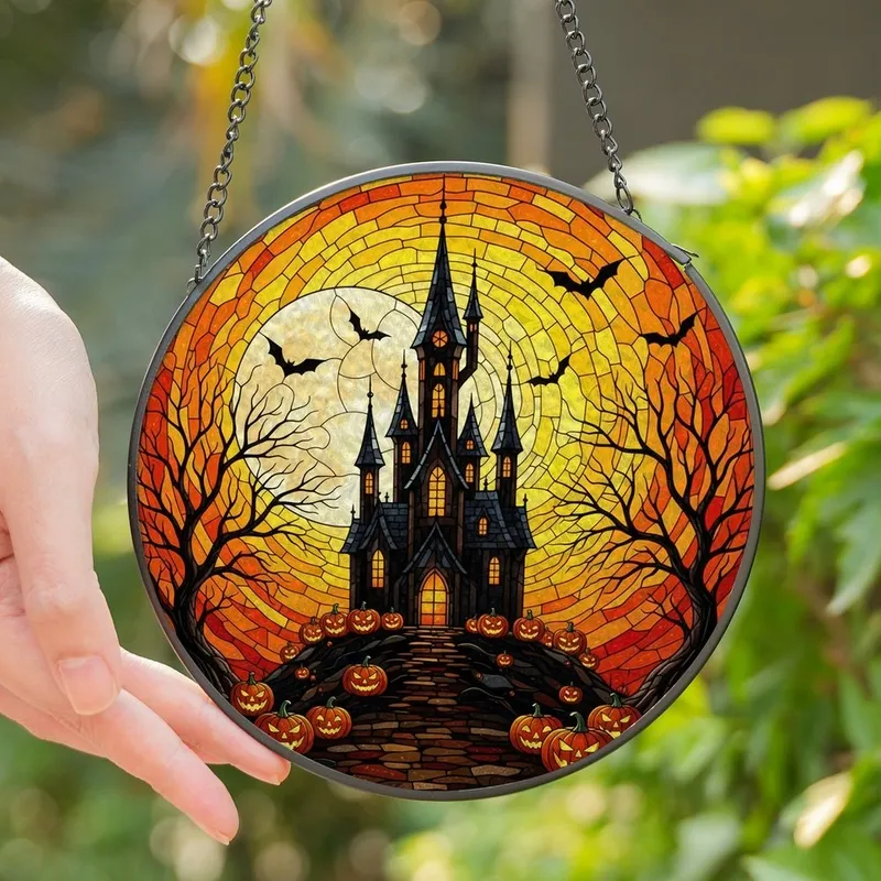 Gothic Art Fans' Fiery Stained Glass Haunted Castle Full Moon Jack-o'-Lantern Orange Yellow Black Mosaic Stained Glass Suncatcher - 1