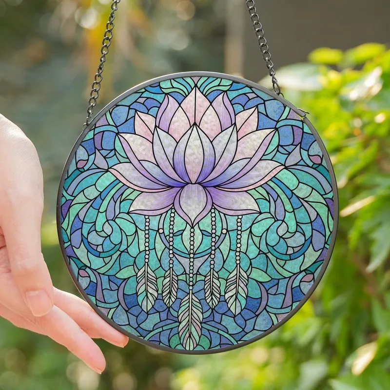 Art Lovers' Glowing Tiffany Stained Glass Lotus Feather Pale Pink Lavender Aqua Violet Stained Glass Suncatcher - 1