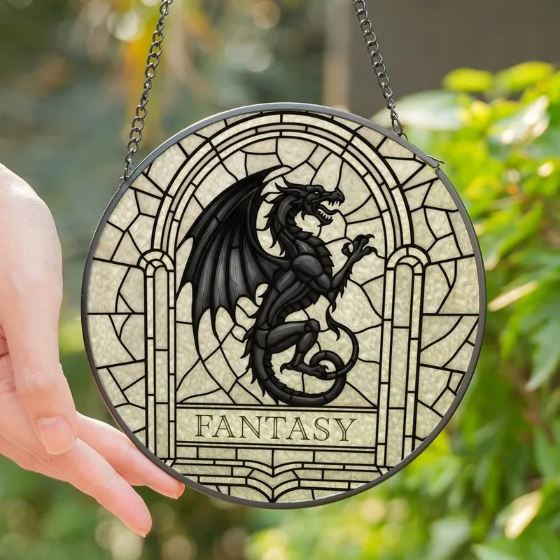 Fantasy Enthusiasts' Heraldic Dragon Tiffany Stained Glass Ivory Obsidian Mosaic Pattern Stained Glass Suncatcher - 1