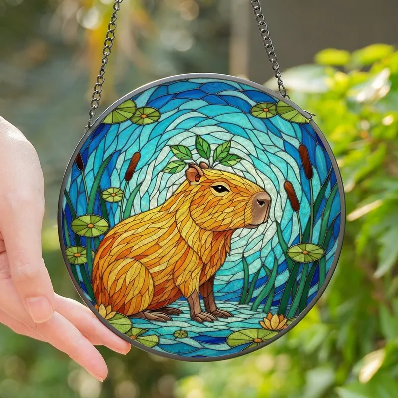 Nature Lovers' Vibrant Stained Glass Capybara Aquatic Lily Pad Mosaic Jewel Tones Stained Glass Suncatcher - kfzwY7xyXc