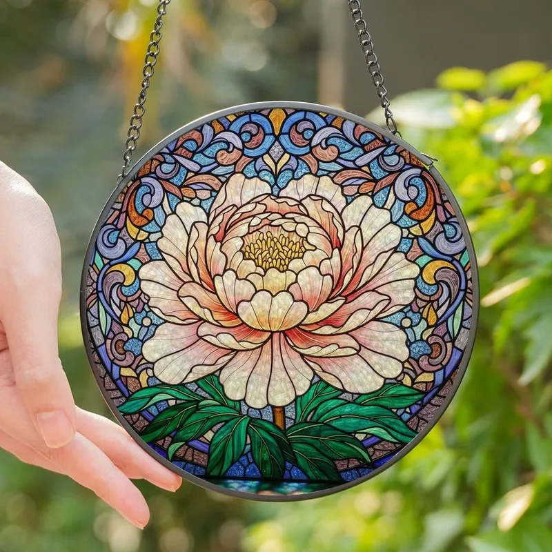 Women's Intricate Tiffany Stained Glass Peony Bloom Jewel Tone Pink Peach Green Botanical Mosaic Stained Glass Suncatcher - 1