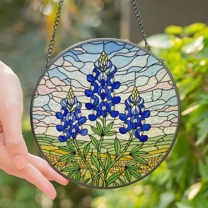 Nature Lovers' Tiffany Bluebonnet Sapphire Blue Emerald Green Floral Mosaic Stained Glass Suncatcher - DE7trdjwYj