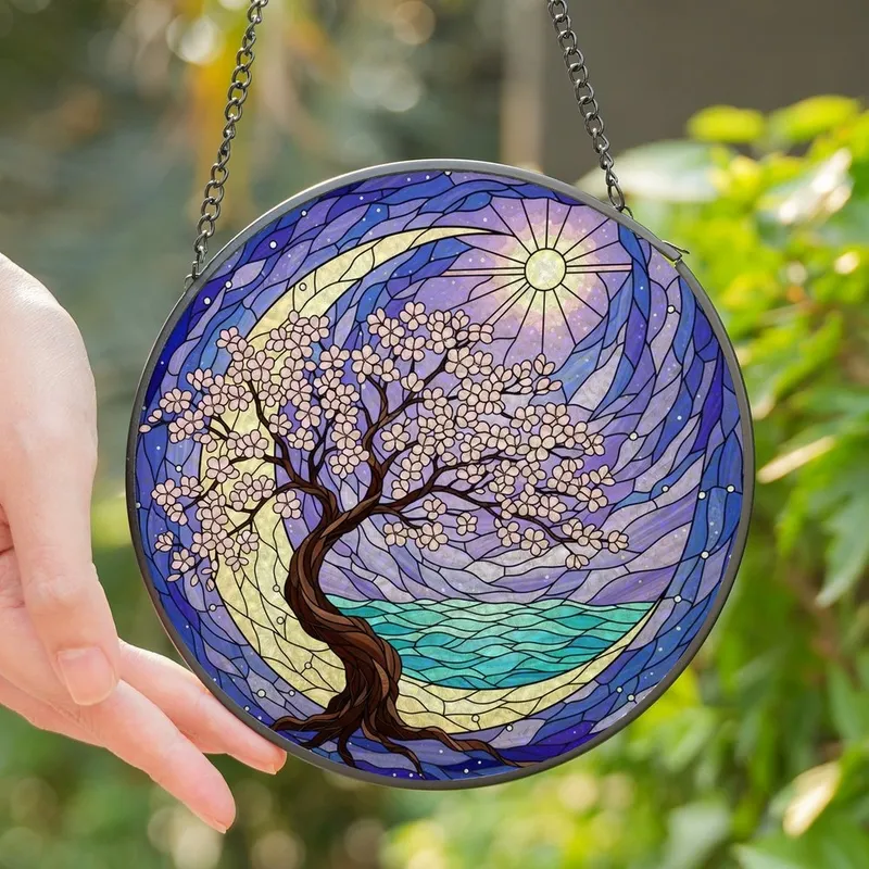 Celestial Dreamers' Tiffany Style Pink Cherry Blossom Moon Teal Purple Cosmic Stained Glass Mosaic Stained Glass Suncatcher - 1
