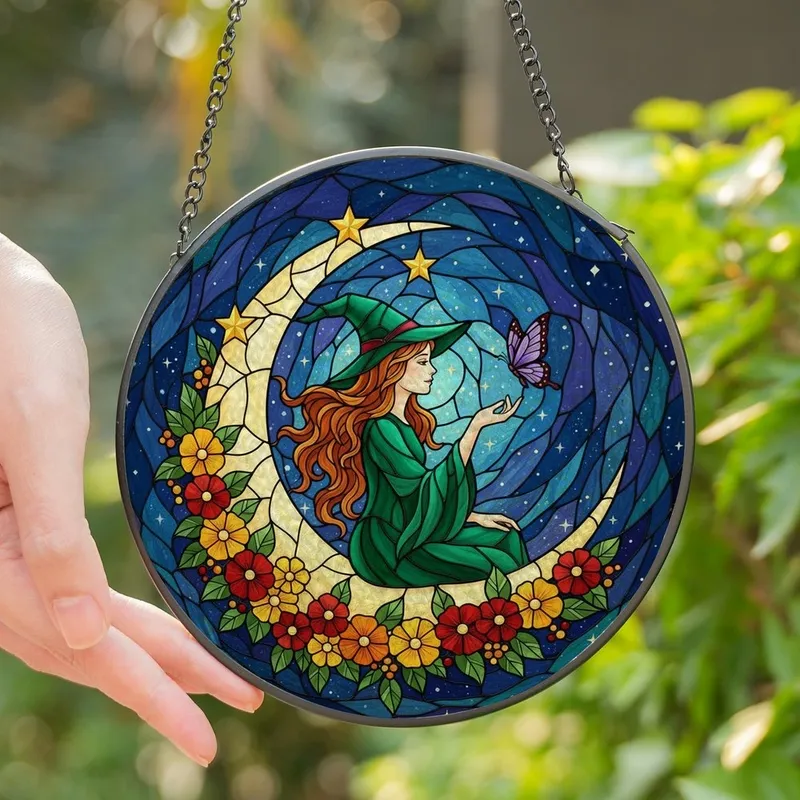 Fantasy Art Enthusiasts' Vibrant Tiffany Stained Glass Celestial Maiden Crescent Moon Mystical Night Art Stained Glass Suncatcher - 1