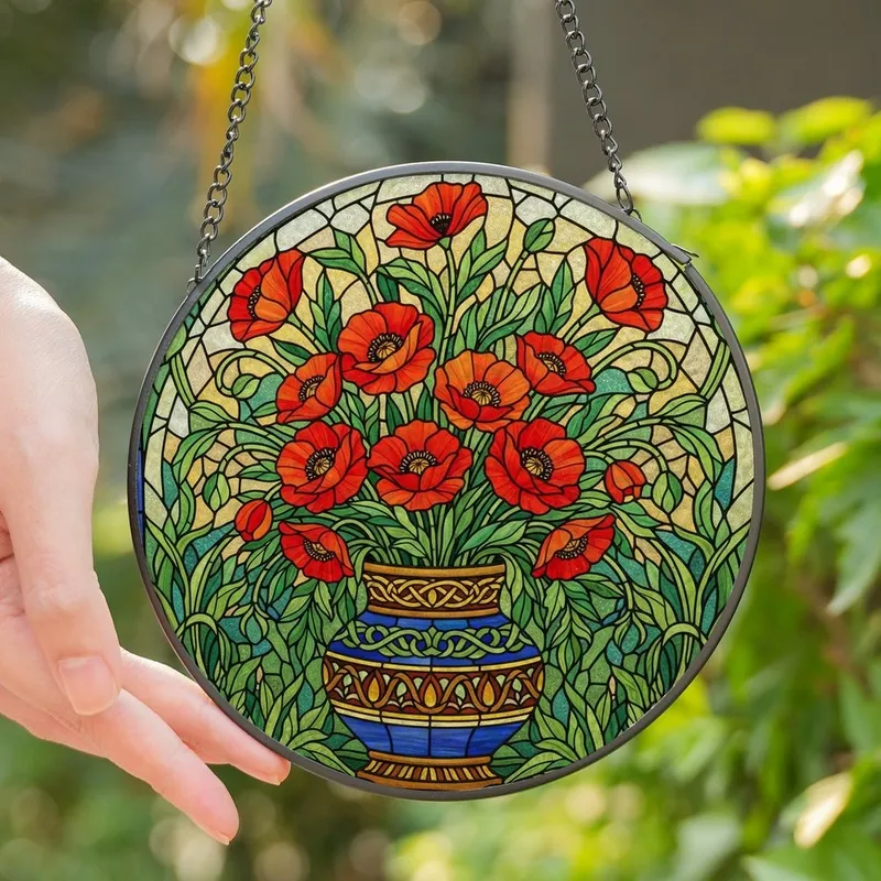 Art Lovers' Vibrant Red Orange Poppy Stained Glass Tiffany Mosaic Pattern Stained Glass Suncatcher - 1