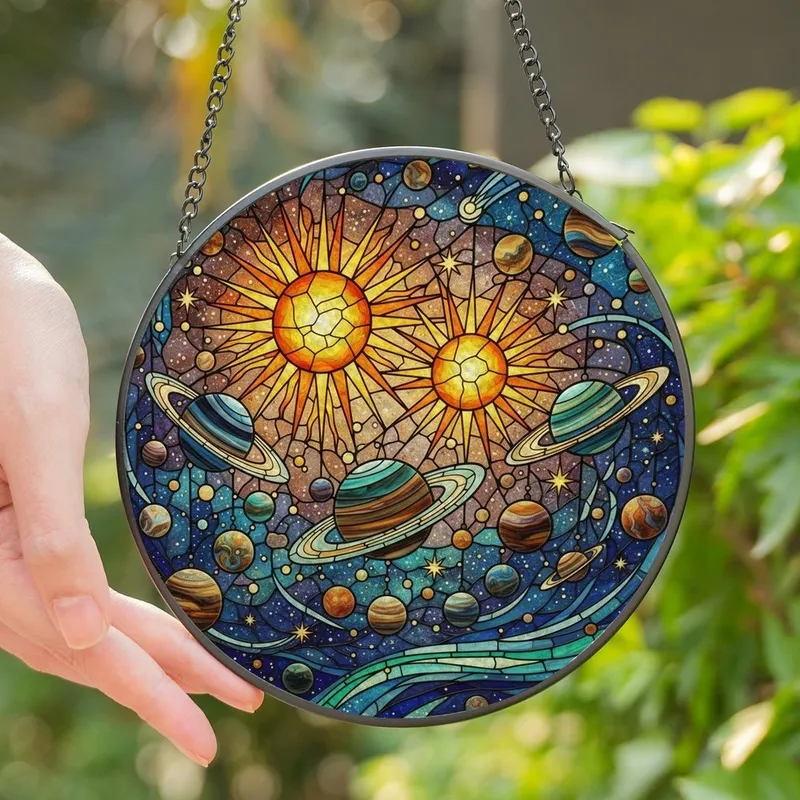 Space Lovers' Tiffany Stained Glass Dual Suns Solar System Nebulae Amber Blue Teal Stained Glass Suncatcher - 1
