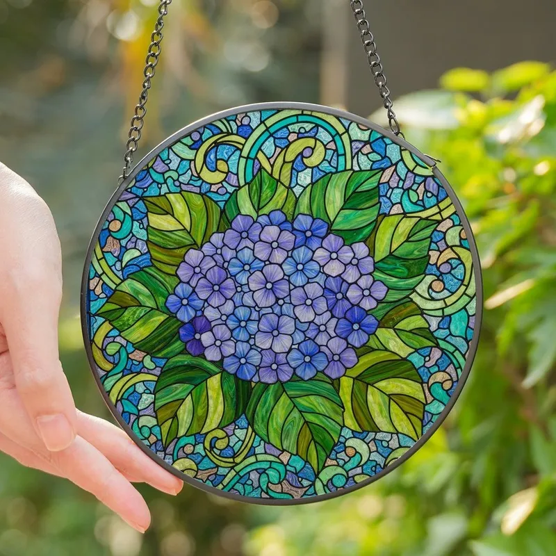 Nature & Art Lovers' Tiffany Stained Glass Hydrangea Bloom Jewel Tone Organic Mosaic Stained Glass Suncatcher - 1