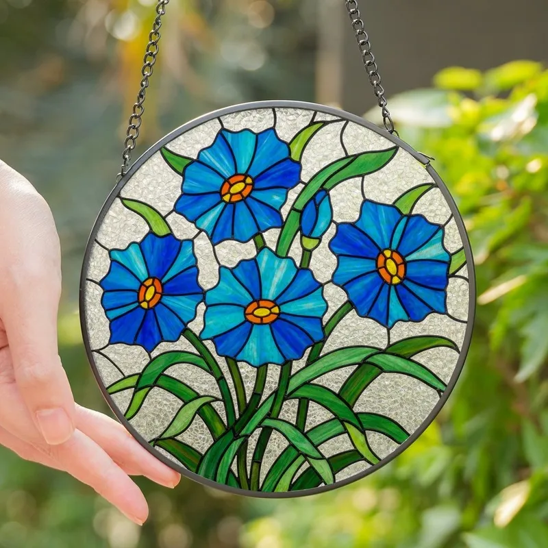 Art Lovers' Tiffany Stained Glass Blue Floral Mosaic Jewel Tone Pattern Stained Glass Suncatcher - 1
