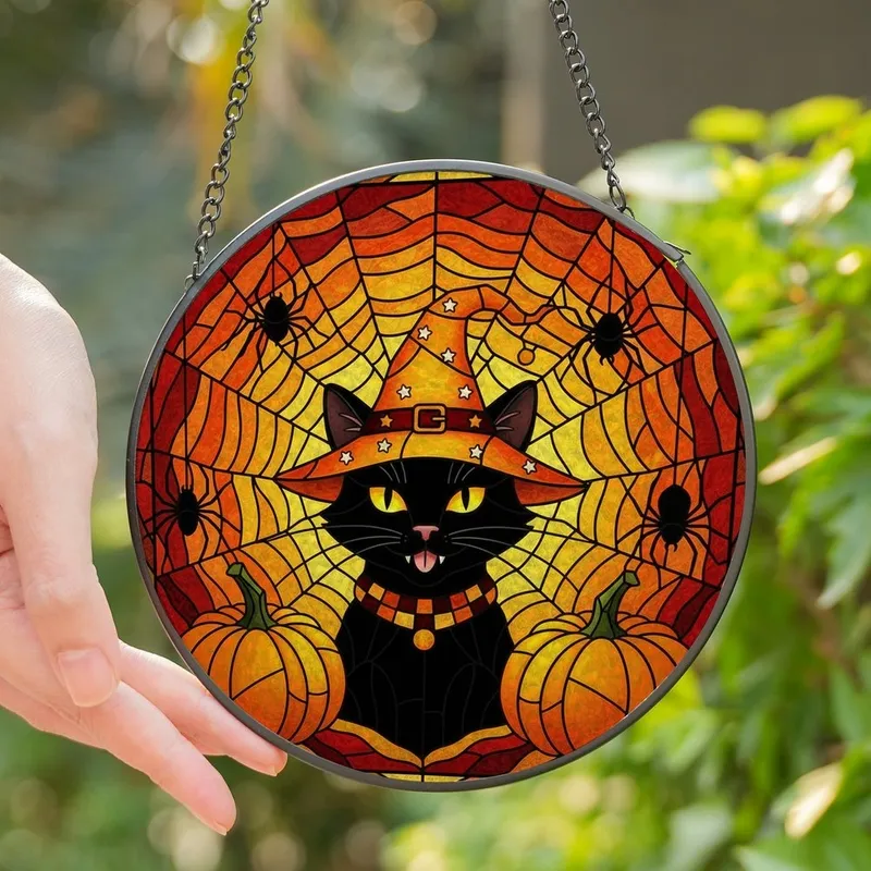 Halloween Lovers' Tiffany Stained Glass Black Cat Orange Witch Hat Pumpkins Web Mosaic Stained Glass Suncatcher - 1