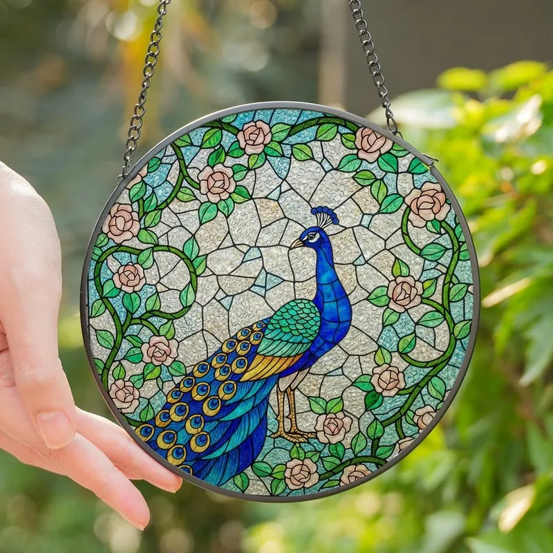 Art Lovers' Regal Peacock Tiffany Stained Glass Jewel Tone Blues Greens Blush Pink Roses Mosaic Pattern Stained Glass Suncatcher - 1