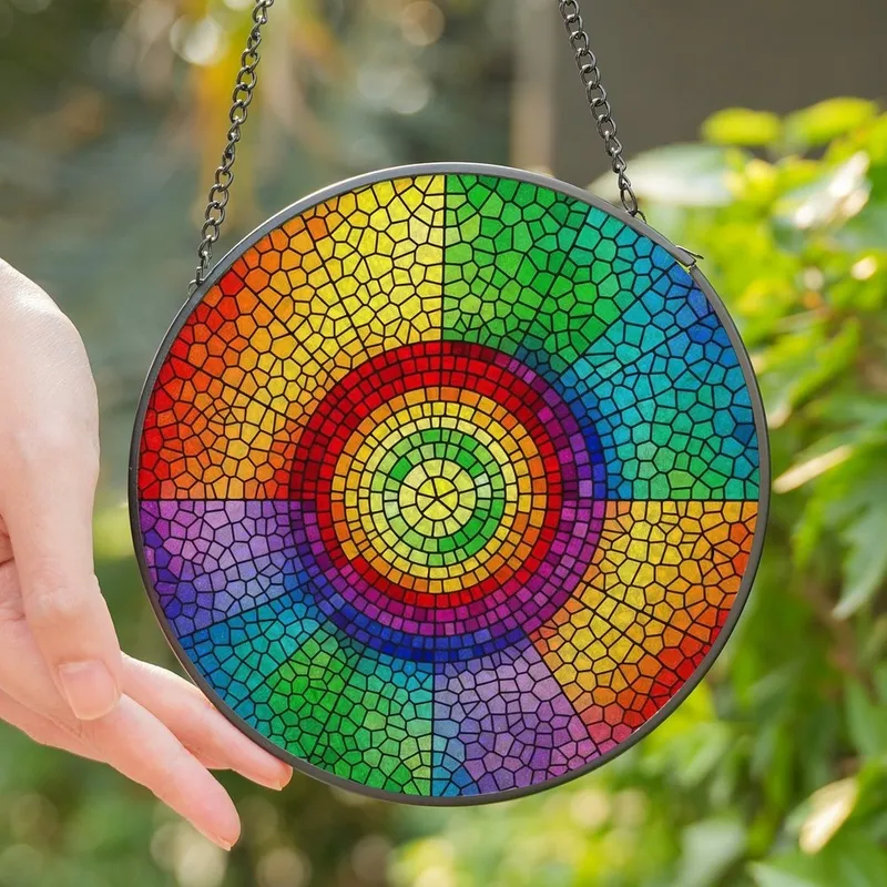 Art Lovers' Radiant Stained Glass Rainbow Spiral Mosaic Pattern Jewel Tones Stained Glass Suncatcher - 1