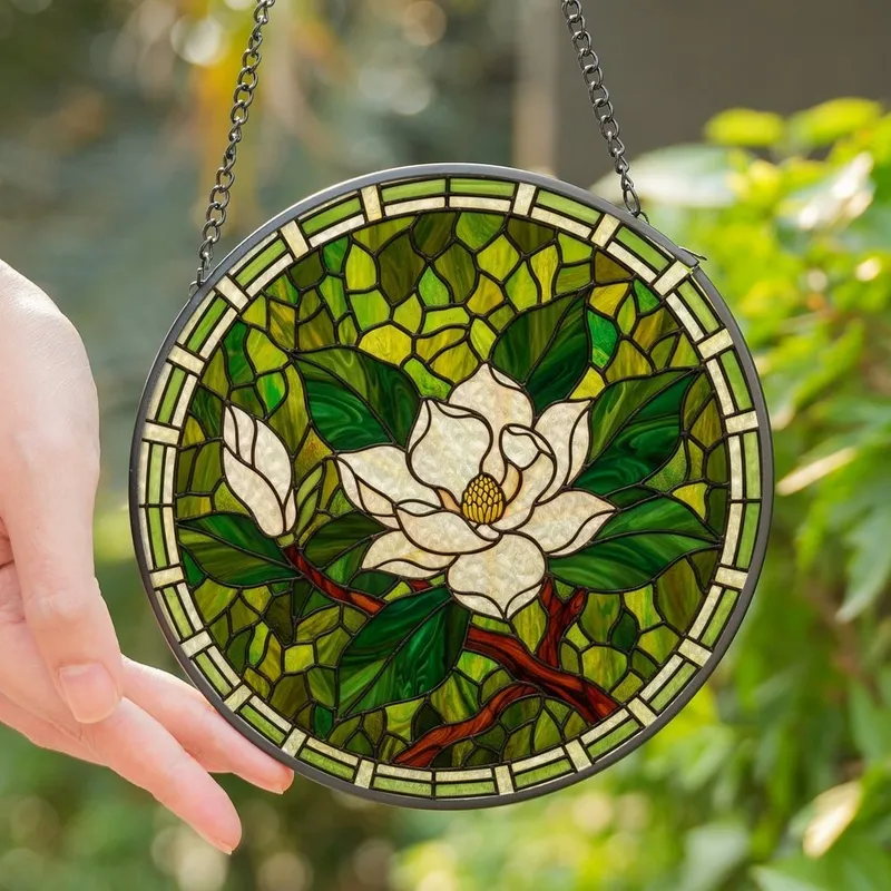 Women's Tiffany Stained Glass Magnolia Bloom Intricate Mosaic Art Creamy White Golden Green Stained Glass Suncatcher - 1