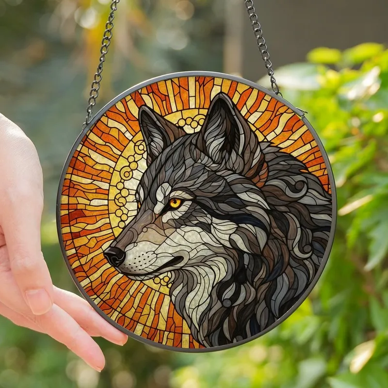 Wildlife Enthusiasts' Stained Glass Wolf Profile Radiant Sun Mosaic Grey Orange Yellow Stained Glass Suncatcher - 1