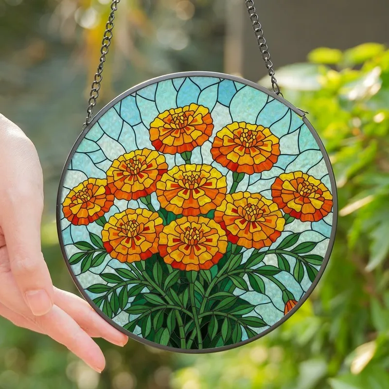 Nature Enthusiasts' Tiffany Stained Glass Marigold Style Floral Mosaic Jewel Tones Stained Glass Suncatcher - 9ODFaVq_-v