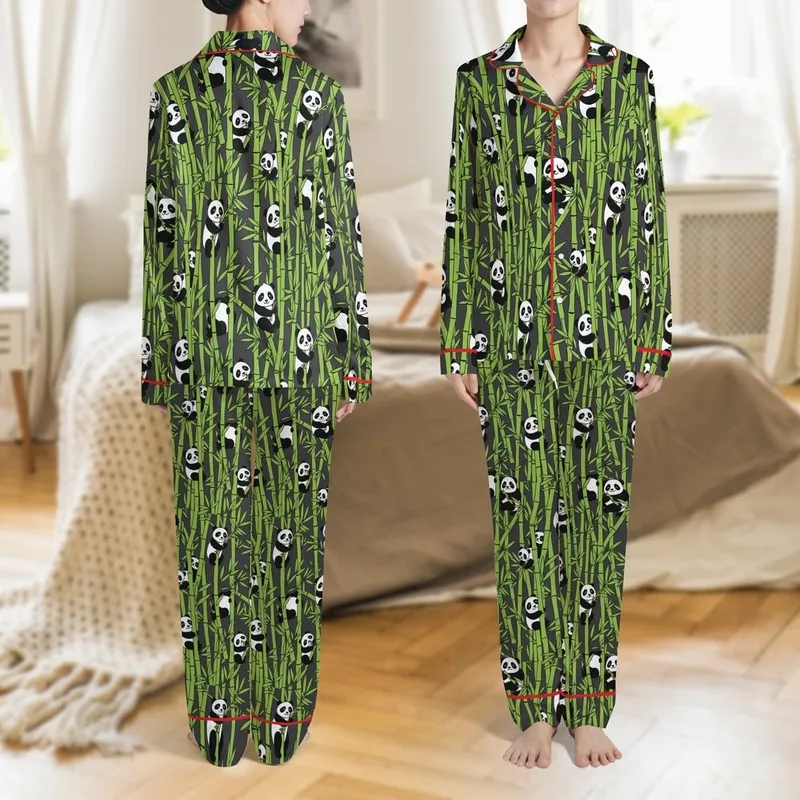 Panda Enthusiast Pajama Set: Playful Cartoon Pandas in Vibrant Lime Green Bamboo Forest Pattern Satin Pajamas Set - 1