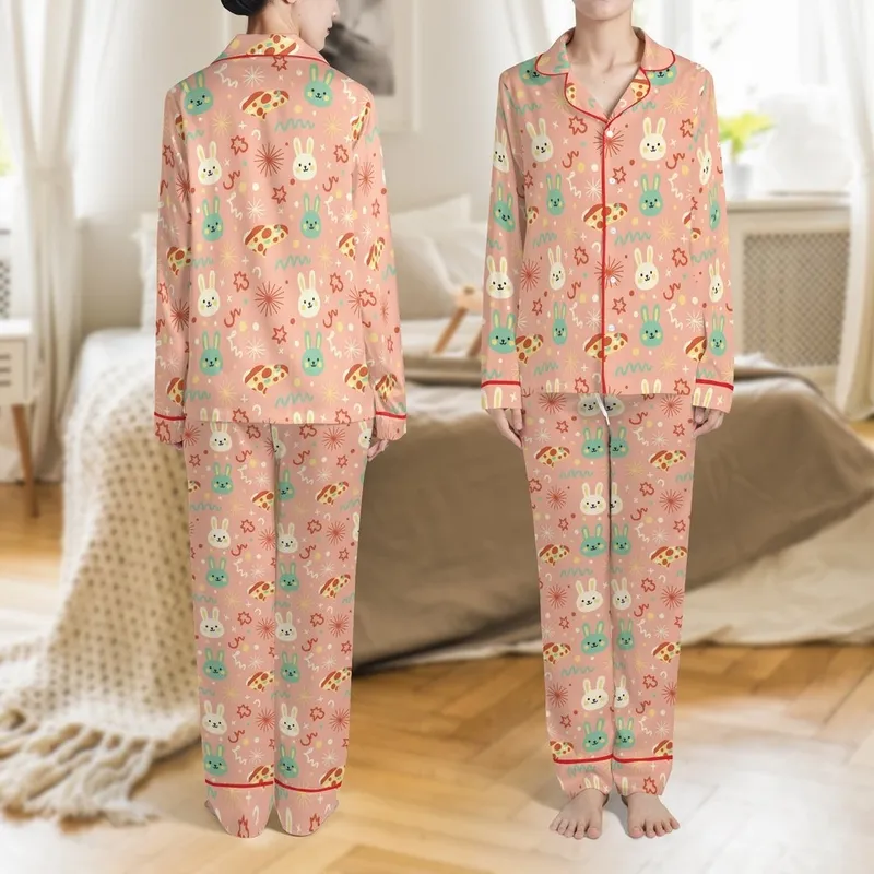 Kids' Whimsical Hand-drawn Pizza Slices, Bunny, Starburst Pattern in Peach-Pink, Mint, Yellow Satin Pajamas Set Satin Pajamas Set - 1