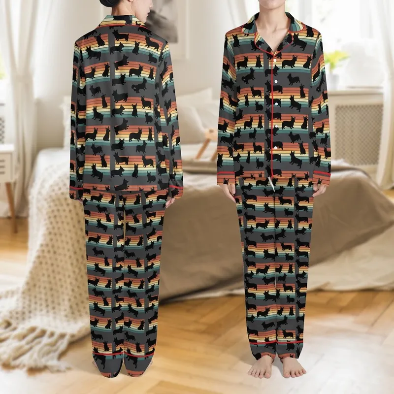 Corgi Mom's Playful Black Corgi Silhouettes Retro Sunset Muted Orange Teal Stripe Distressed Pattern Satin Pajamas Set Satin Pajamas Set - 1