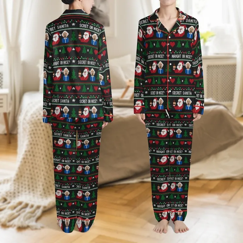 Festive Couples' Ugly Sweater Knit Christmas Pattern: Winking Santa, Surprised Mrs. Claus, Red Hearts, Green Trees, "Naughty or Nice?" Satin Pajamas Set Satin Pajamas Set - 1