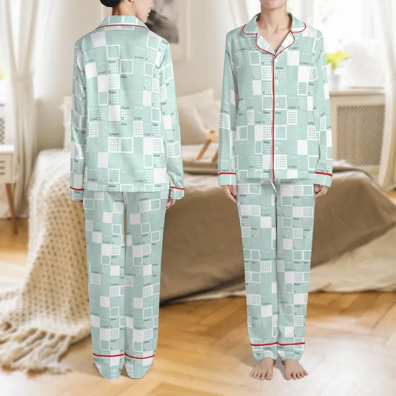 Productivity Seeker's Minimalist Grid & Goals Pattern Pajamas: Mint Green Abstract Sleep Set Satin Pajamas Set - 1