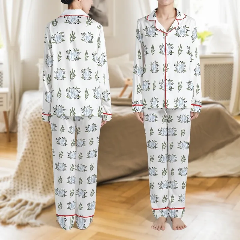 Bridal Party Minimalist Sage Green Blue Script Initial & Botanical Outline Pattern Satin Pajamas Set Satin Pajamas Set - 1