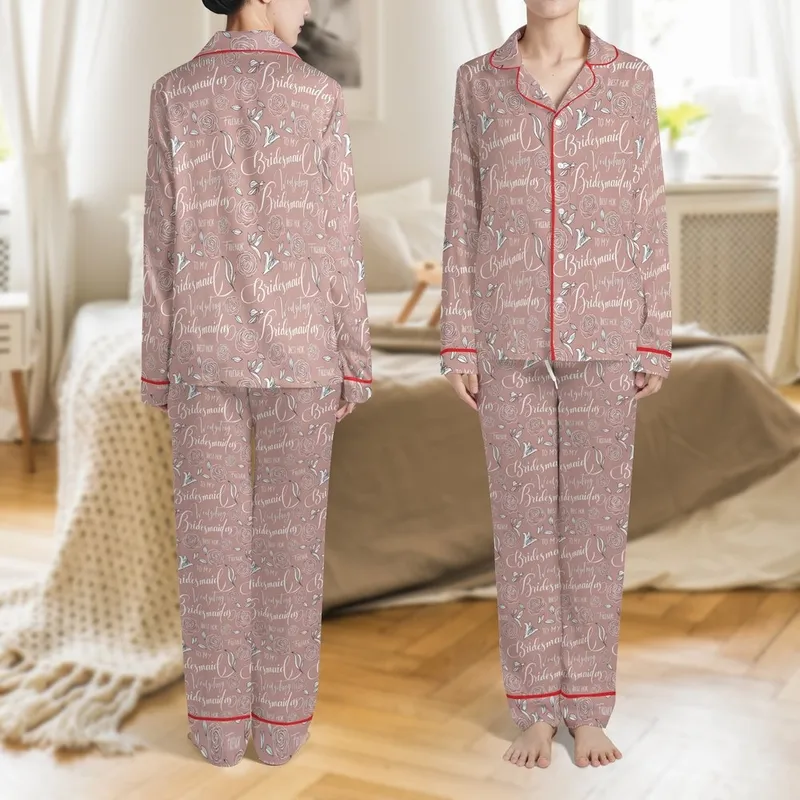 Women's Elegant Blush Pink White Bridal Script Rose Lily Outline Pattern Satin Pajamas Set Satin Pajamas Set - 1