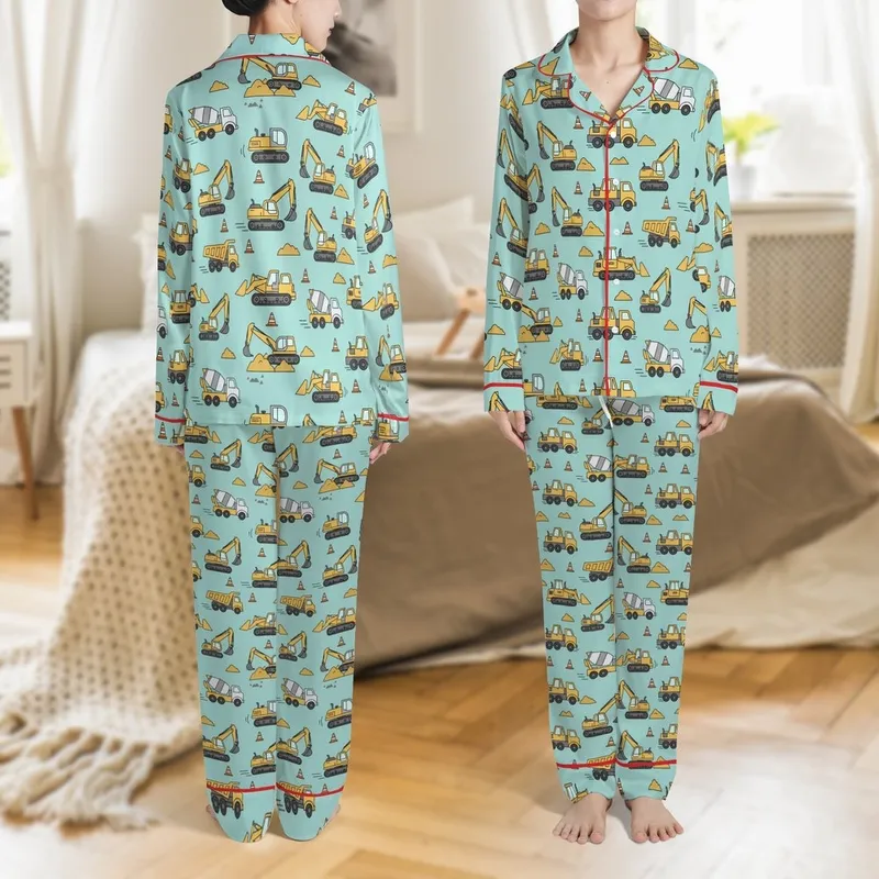 Kids' Aqua Blue Cartoon Construction Site Yellow Trucks & Orange Cones Pattern Satin Pajamas Set Satin Pajamas Set - 1