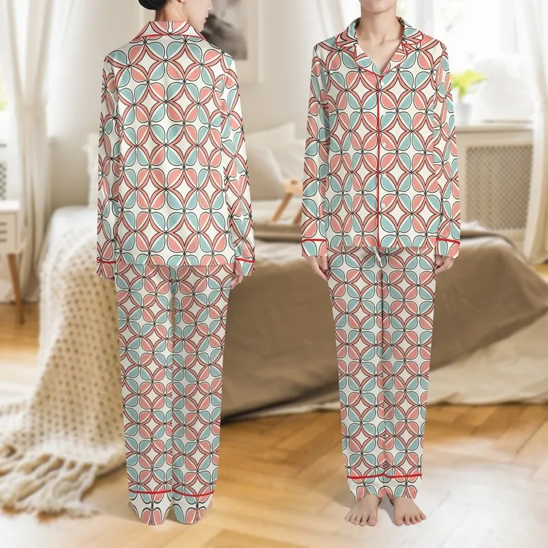 Women's Vintage Art Deco Velvet Long Sleeve Sleep Set - Coral Pink Aqua Blue Quatrefoil Pattern Satin Pajamas Set - 1