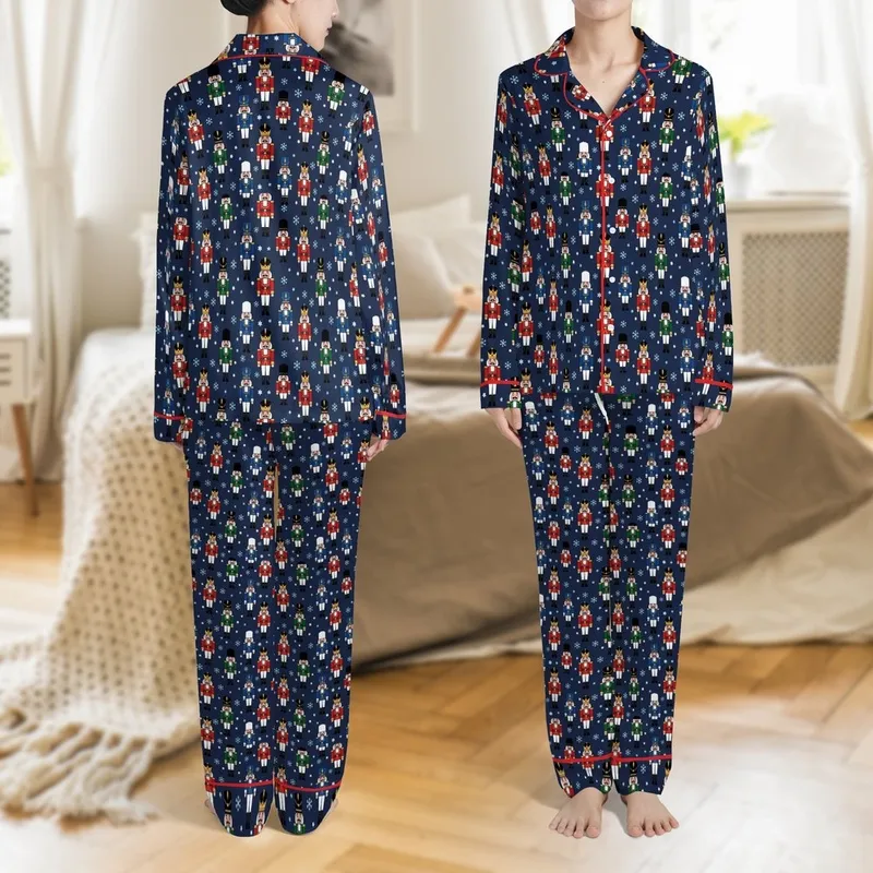 Family Matching Nutcracker Squad Navy Cotton Blend Christmas Pajamas Satin Pajamas Set - 1