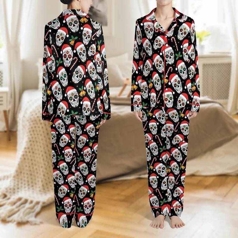 Family Matching Black Sugar Skull Santa Hat & Floral Candy Cane Loungewear Set Satin Pajamas Set - 1