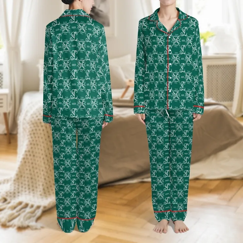 Family Emerald Green Satin Sleep Set: Personalized '2025' Monogram White Line Art Loungewear Satin Pajamas Set - 1