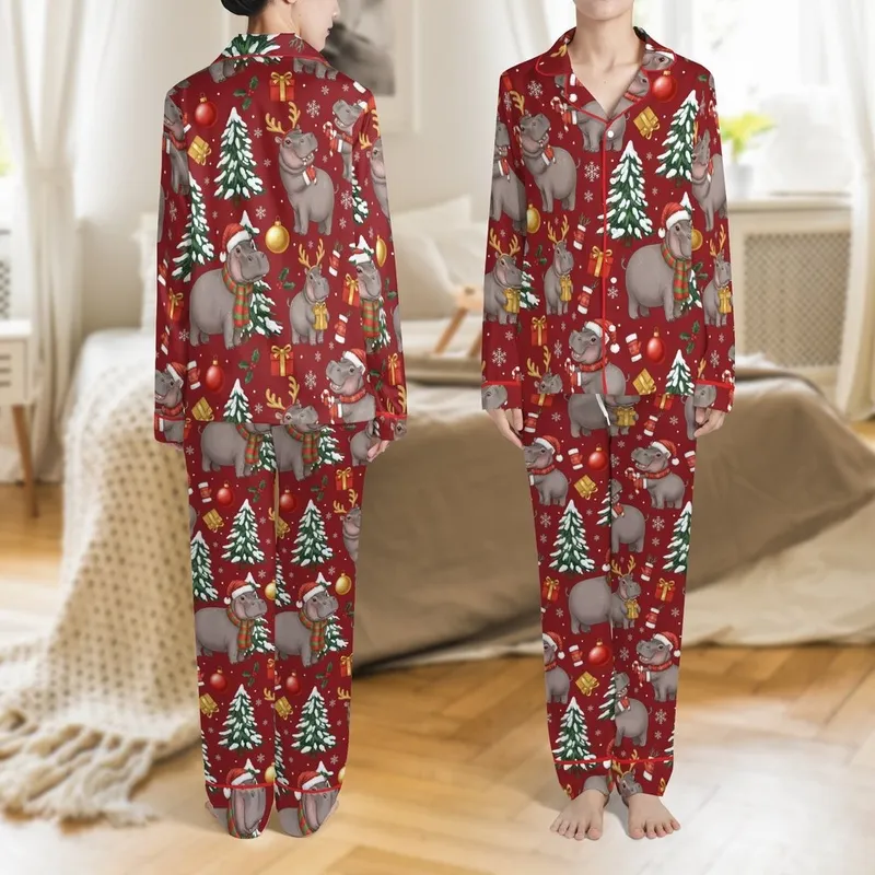 Hippo Lover Family: Funny Crimson Red Christmas Hippo Santa Hat Pattern Pajamas Set Satin Pajamas Set - 1