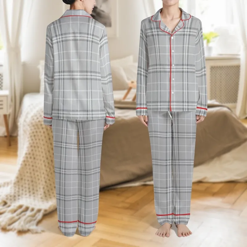 Women's Micro Plaid Pajamas: 100% Cotton Flannel Grey Charcoal Sleep Set Satin Pajamas Set - 1