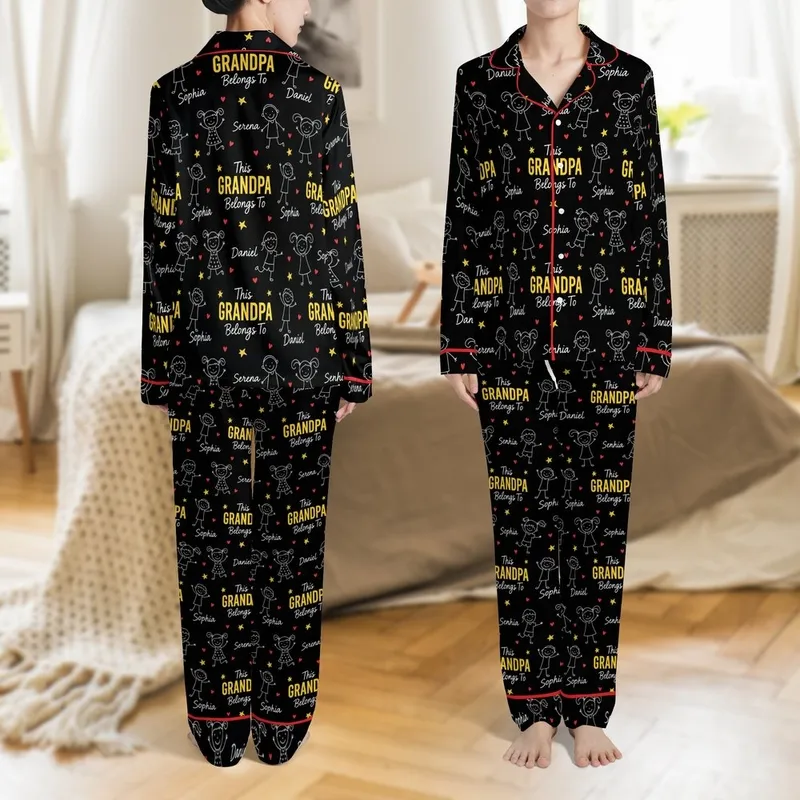 Custom Grandpa Pajama Pants: Black & White Doodle Kids Names with Yellow Stars & Red Hearts Satin Pajamas Set - 1