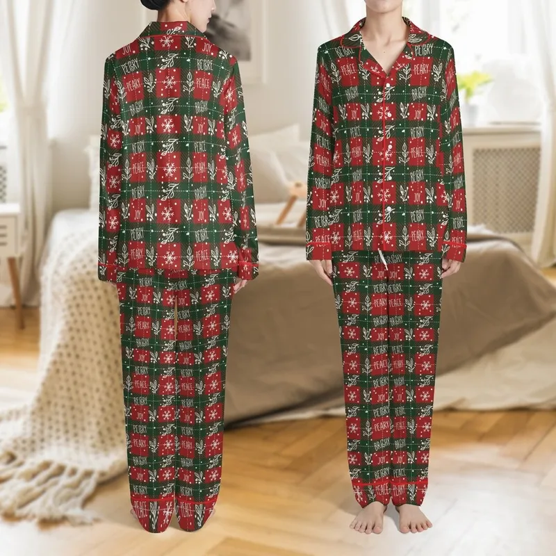 Festive Winter Charm: Seamless Red Green Plaid, Hand-Drawn Snowflakes, Berries & Joyful Text Pattern Satin Pajamas Set - 1