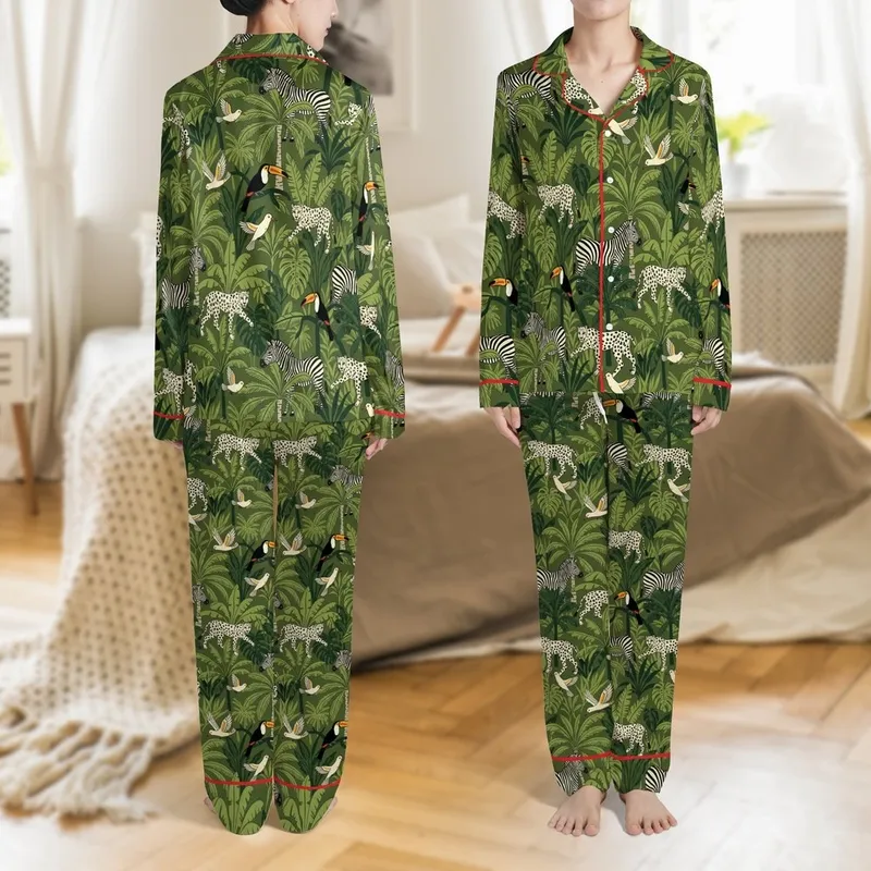 Women's Indian Deep Olive Jungle Print Pajama Set: Hand-Drawn Leopard Zebra Cotton Sleepwear Satin Pajamas Set - 1