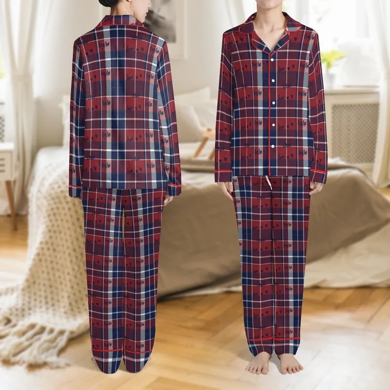 Matching Husband & Wife Flannel Pajamas: Crimson Plaid 'Love Us Together' Design Satin Pajamas Set - 1