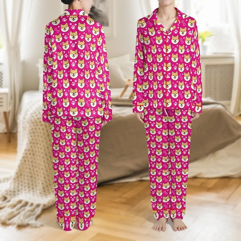Unisex Custom Pet Lover Pajamas: Shiba Inu Face & Paw Print Magenta All-Over Design Satin Pajamas Set - 1