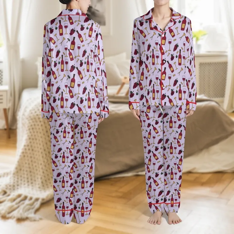Wine Lover Women's Short Satin Pajamas: Stylized Bottle & Grape Pattern - Lavender Sleep Set Satin Pajamas Set - 1