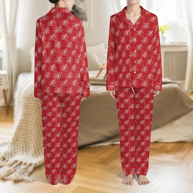 Sophisticated Style: Ruby Red Intertwined White Script Lettering Design -  Wearable Satin Pajamas Set - 1