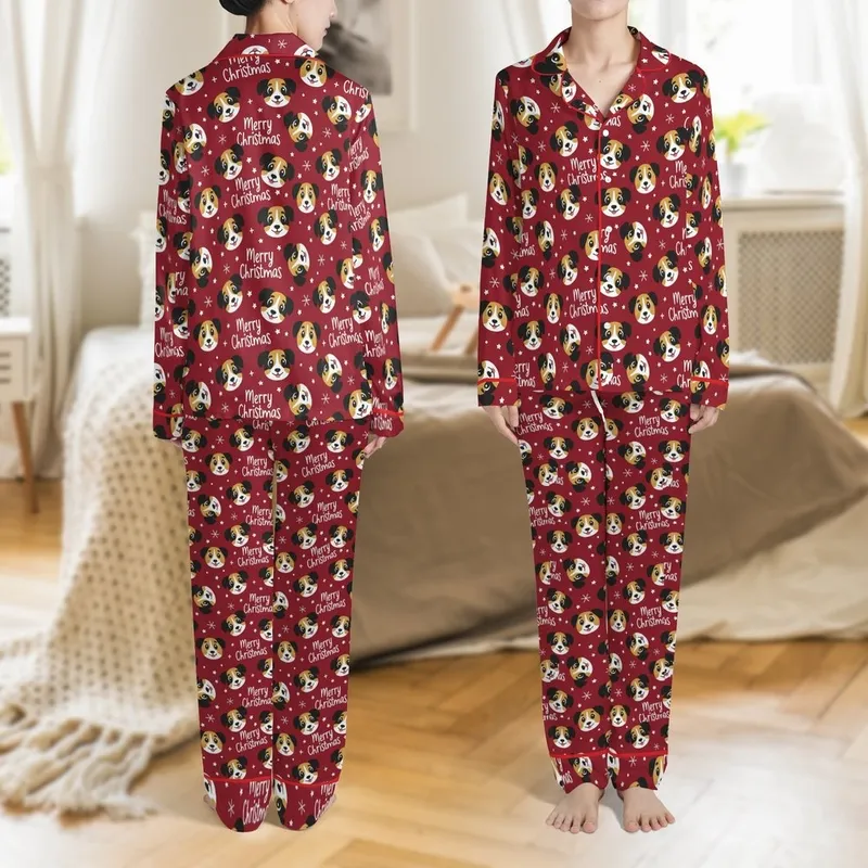 Custom Family Christmas Pajamas: Whimsical Tricolor Dog Faces, Merry Christmas Text & Snowflakes Sleepwear Satin Pajamas Set - 1