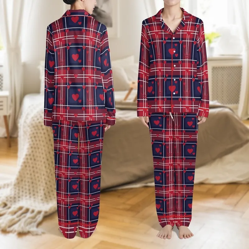 Personalized Couple's Deep Red Navy Plaid Heart Crown Flannel Sleep Set Satin Pajamas Set - 1