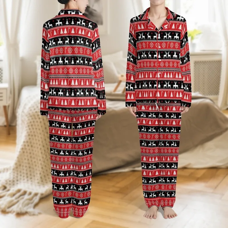 Family Holiday Pajamas: Nordic Reindeer, Snowflake Pattern - Red Black White Long Sleeve Set Satin Pajamas Set - 1