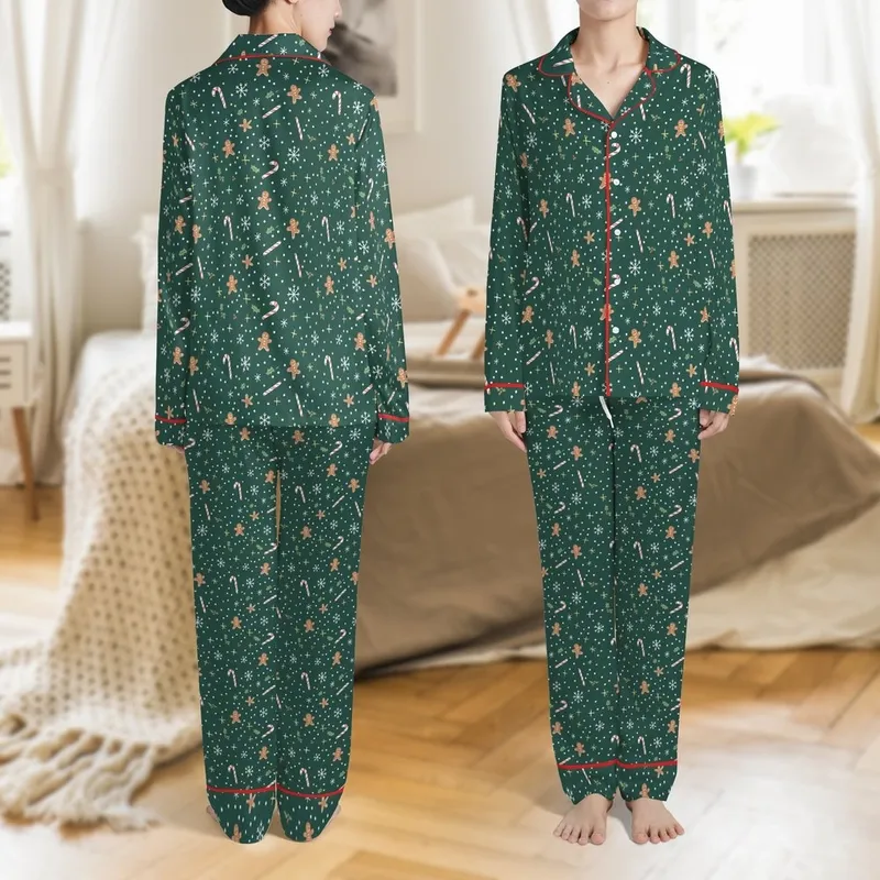Family Matching Holiday Forest Green Candy Cane & Gingerbread Pattern Polyester Spandex Sleep Set Satin Pajamas Set - 1